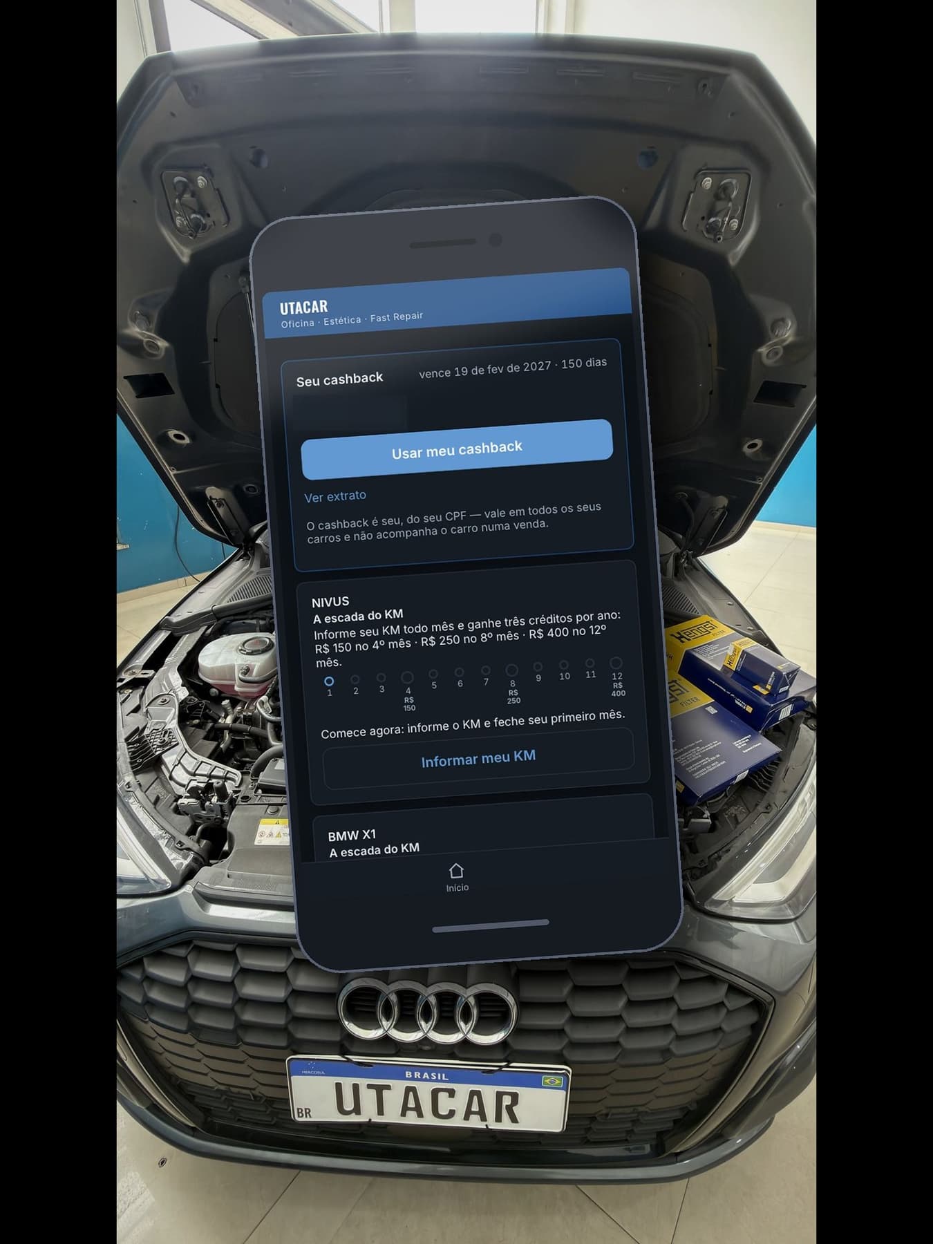 Tela de cashback do aplicativo da Utacar, com o saldo ocultado, a data de validade e a escada do KM, que dá créditos a quem informa a quilometragem do carro todo mês.